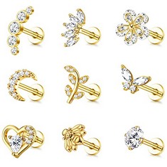 QTY OF ASSORTED ITEMS TO INCLUDE 9PCS 16G CARTILAGE EARRINGS FOR WOMEN. GOLD. TOTAL RRP £390: LOCATION - C RACK