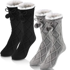 8 X SATINIOR 2 PAIRS SLIPPER SOCKS FLEECE LINED WOMEN WINTER FUZZY TALL SOCKING WITH POMPOM (BLACK, LIGHT GRAY) - TOTAL RRP £107: LOCATION - A RACK