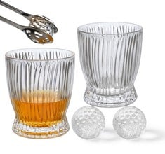 8 X CAKEFLY GOLF BALLS GLASS TUMBLER SET OF 2, 285ML OLD FASHIONED WINE TUMBLER, NOVELTY WHISKY GLASSES WITH CRYSTAL GLASS GOLF BALLS AND TONG, WHISKY GIFT SET, GOLF GIFTS FOR MENS GOLFER - TOTAL RRP