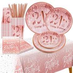8 X JENLION HAPPY 21ST BIRTHDAY DECORATIONS FOR HER, ROSE GOLD BIRTHDAY SUPPLIES PLATES AND NAPKINS, CUPS, STRAWS, TABLECLOTH, TABLEWARE FOR 24 GUESTS(TOTAL 121 PCS) - TOTAL RRP £154: LOCATION - F RA