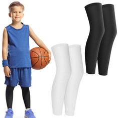 20 X TIESOME 2 PAIRS KID LEG SLEEVE, BLACK AND WHITE LONG COMPRESSION LEG SLEEVE NON SLIP LEG WRAPS THIGH CALF BRACE SUPPORT SLEEVE FOR YOUTH BOY GIRL BASKETBALL SOCCER FOOTBALL RUNNING SPORT (M) - T