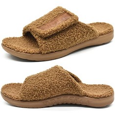 11 X ONCAI MENS HOUSE SLIPPERS WITH ARCH SUPPORT?FUR SLIDES WITH ORTHOPEDIC FOR PLANTAR FASCIITIS FOOTBED AND ADJUSTABLE STRAP KHAKI SIZE 9.5 - TOTAL RRP £147: LOCATION - H RACK