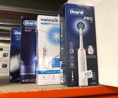 QTY OF ITEMS TO INCLUDE ORAL-B PRO 3 ELECTRIC TOOTHBRUSHES FOR ADULTS, GIFTS FOR WOMEN / MEN, 1 CROSS ACTION TOOTHBRUSH HEAD, 3 MODES WITH TEETH WHITENING, 2 PIN UK PLUG, 3000, WHITE: LOCATION - A