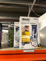 QTY OF ITEMS TO INCLUDE WAHL COLOUR PRO CORDLESS HAIR CLIPPER KIT, NECK DUSTER, COLOUR CODED COMBS, HAIR CLIPPERS FOR MEN, HEAD SHAVER, MEN'S HAIR CLIPPER, EASY HOME HAIRCUTTING, FAMILY HAIRCUTS, FAM