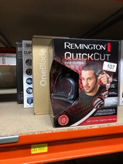 QTY OF ITEMS TO INCLUDE REMINGTON QUICK CUT HAIR CLIPPERS WITH CURVE CUT BLADE TECHNOLOGY FOR A CLEANER, MORE EVEN CUT, 9 GUIDE COMBS (1.5-15MM), GRADING, TAPERING & TRIMMING, UP TO 40 MIN USAGE, WAT