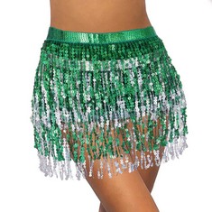 24 X SHINY FESTIVAL OUTFIT SEQUIN TASSEL SKIRT COSTUME RAVE MINI SKIRTS BALLET DANCE FRINGE HIP SCARF GLITTER SEQUIN SKIRT FOR WOMEN AND GIRLS (A-GREEN-SILVER) - TOTAL RRP £212: LOCATION - A