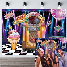 QTY OF ASSORTED ITEMS TO INCLUDE DISCO PARTY RETRO ROCK BACKDROP 70S 80S 90S DISCO RRP £300: LOCATION - B