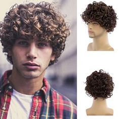 12 X MENS BROWN WIG SHORT CURLY LAYERED COSPLAY WIG SYNTHETIC HALLOWEEN HAIR WIG WITH WIG CAP - TOTAL RRP £130: LOCATION - D