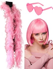 33 X MULTICOLOR FEATHER BOAS, 200CM PINK FEATHER BOA, TURKEY FEATHERS CHANDELLE BOA FOR CRAFTS COSTUME DECORATION DRESS UP, WITH PINK BOB WIG HEART SUNGLASSES (PINK) - TOTAL RRP £275: LOCATION - D