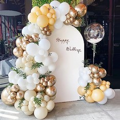 QTY OF ASSORTED ITEMS TO INCLUDE  RETRO WHITE BALLOONS, 112 PCS WHITE SAND BALLOON ARCH KIT WITH BEIGE METALLIC CHAMPAGNE GOLD LATEX BALLOONS. RRP£350: LOCATION - E RACK