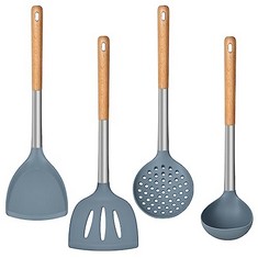 24 X PACK OF 4 SILICONE COOKING UTENSILS SET, LAIBUY KITCHEN TOOLS WITH NATURAL ACACIA HARDWOOD HANDLE, IDEAL BPA FREE KITCHEN UTENSIL SET FOR FRYING, MIXING, SERVING, DRAINING, TURNING, STIRRING - T