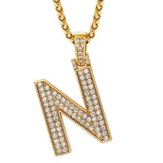 16 X U7 CUBIC ZIRCONIA NECKLACE GOLD PENDANT LETTER N CHUNKY MENS NECKLACES - TOTAL RRP £223: LOCATION - F RACK