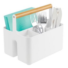 7 X MDESIGN CUTLERY HOLDER – PLASTIC STORAGE BASKET WITH A WOODEN HANDLE – PORTABLE KITCHEN ACCESSORY AND UTENSILS STORAGE – WHITE/NATURAL - TOTAL RRP £81: LOCATION - A