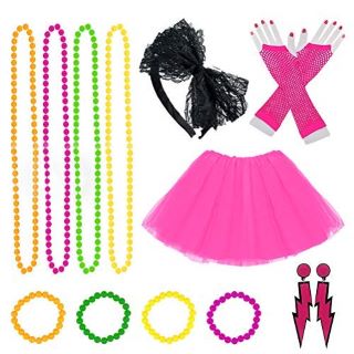 QTY OF ASSORTED ITEMS TO INCLUDE JERBRO 80'S FANCY DRESS COSTUMES FOR WOMEN'S GIRLS GLOVES FISHNET NECKLACE BEADS : LOCATION - B
