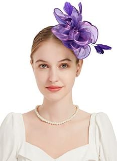 57 X QDC FASCINATORS HAT FOR WOMEN ORGANZA FLOWER COCKTAIL TEA PARTY HEADWEAR WEDDING DERBY CHURCH MESH RIBBON FEATHERS HAIR CLIP FOR GIRLS (PURPLE) - TOTAL RRP £332: LOCATION - D