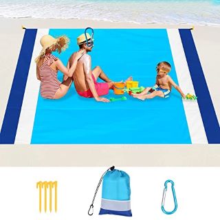 27 X LIROPAU BEACH BLANKET PICNIC BLANKET, WATERPROOF SAND PROOF WATER RESISTANT BEACH MAT WITH 4 FIXED NAILS FOR BEACH CAMPING HIKING AND GRASS TRIPS 210 X 200CM (BLUE WHITE) - TOTAL RRP £205: LOCAT