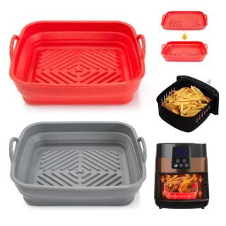 18 X HYOIIO SQUARE AIR FRYER SILICONE POT, FOLDABLE LINERS, NON-STICK FOOD SAFE PAD, REPLACEMENT OF FLAMMABLE PARCHMENT LINER PAPER FOR 3 TO 5 QT FRYER?7.5 INCHES?, RED+GRAY - TOTAL RRP £150: LOCATIO