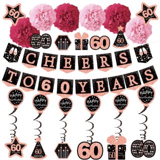 40 X HAPPY 60TH BIRTHDAY DECORATIONS FOR WOMEN, CHEERS TO 60 YEARS ROSE GOLD GLITTER BANNER FOR WOMEN, 6 PAPER POMS, 6 HANGING SWIRL, 7 DECORATIONS STICKERS. 60 YEARS OLD PARTY SUPPLIES GIFTS FOR WOM