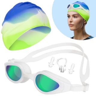 23 X BEIHENG SWIMMING 4 IN 1 KIT - INCLUDE LEAK FREE ANTI FOG SWIMMING GOGGLE, HIGH ELASTIC LARGE SILICONE SWIMMING CAP, SOFT EAR PLUG AND NOSE CLIP - FASHION UNISEX SWIM SET FOR TEENAGERS ADULTS - T