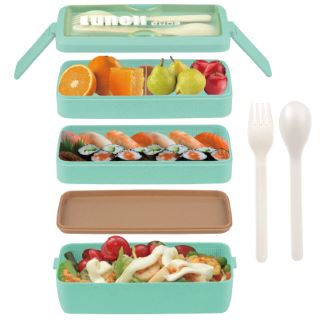 35 X ASYH BENTO BOX LUNCH BOX, 3-IN-1 COMPARTMENT MEAL PREP STACKABLE CONTAINERS 1000ML, JAPANESE STYLE LUNCH BOX WITH FORK AND SPOON FOR ADULTS SCHOOL OFFICE, MICROWAVE SAFE (GREEN) - TOTAL RRP £367
