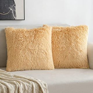 13 X MIULEE PACK OF 2 FAUX FUR THROW PILLOW COVER FLUFFY SOFT DECORATIVE SQUARE PILLOW COVERS PLUSH CASE FAUX FUR CUSHION COVERS FOR LIVING ROOM SOFA BEDROOM 20X20 INCH LIGHT YELLOW - TOTAL RRP £124: