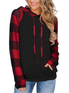 18 X REORIA WOMEN'S COLOR BLOCK HOODIES CASUAL LIGHTWEIGHT DRAWSTRING PULLOVER SWEATSHIRT FALL LONG SLEEVE TOPS WITH POCKET RED PLAID S - TOTAL RRP £143: LOCATION - A