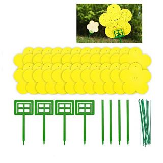 12 X 24 PACK DUAL YELLOW STICKY TRAPS IN FLOWER SHAPED FOR FLYING PLANT INSECT LIKE FUNGUS GNATS, APHIDS, WHITEFLIES, LEAFMINERS -PLANT FLY CATCHERS INCLUDED 4 PCS SUPPORTING POLES AND 20PCS TWIST TI