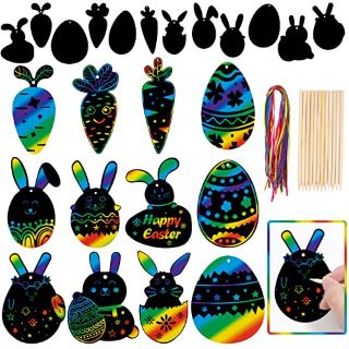 35 X GOMANCHE 48 PIECES EASTER SCRATCH CRAFTS FOR KIDS, RABBIT BUNNY CARROT EASTER EGG RAINBOW SCRATCH PAPER ORNAMENTS WITH WOODEN STICK AND RIBBON FOR EASTER PARTY FAVORS - TOTAL RRP £146: LOCATION