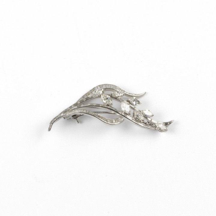 Platinum 950 2.80ct Diamond Marquise-cut and 1.80ct Baguette-cut Brooch, 6x2cm, 1.4g.  Auction Guide: £3,000-£3,500 (VAT Only Payable on Buyers Premium)
