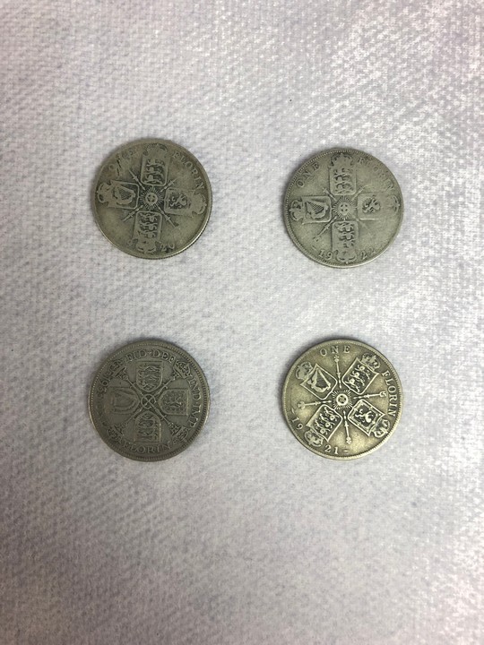Silver Plated Selection of Four 1920, 1921, 1922 and 1933 George V and George VI Florin Coins (VAT Only Payable on Buyers Premium)