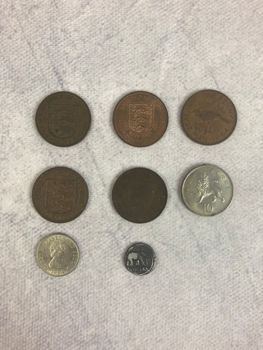 Selection of Six Copper Jersey and Guernsey Coins, 1968 Ten Pence Coin and Tin Caesar Elephant Coin (VAT Only Payable on Buyers Premium)