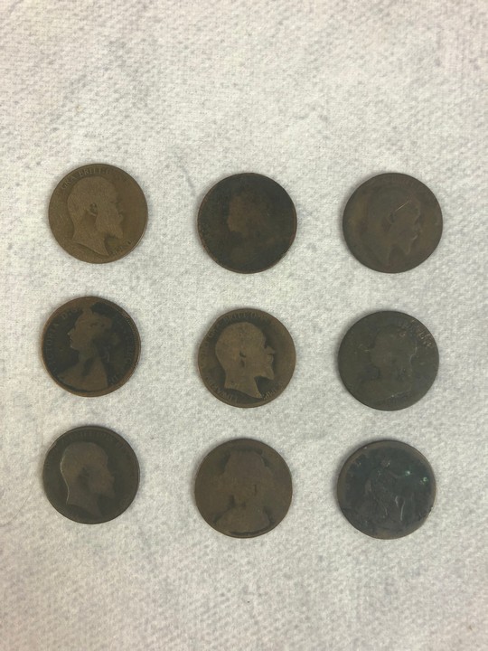 Nine Half Penny Coins, Queen Victoria and George V, years ranging between 1890 - 1908 and Two with faded Dates (Victoria) (VAT Only Payable on Buyers Premium)