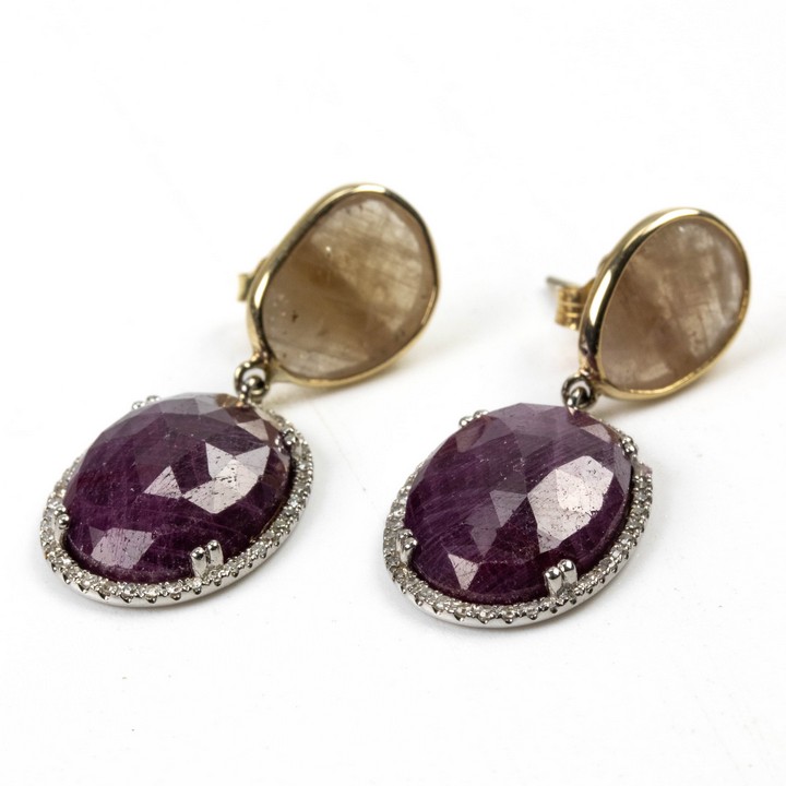 14K White and Yellow 0.33ct Diamond with Yellow and Purple Oval Faceted Stone Drop Earrings, 3.2x1.2cm, 6.8g.  Auction Guide: £300-£400 (VAT Only Payable on Buyers Premium)