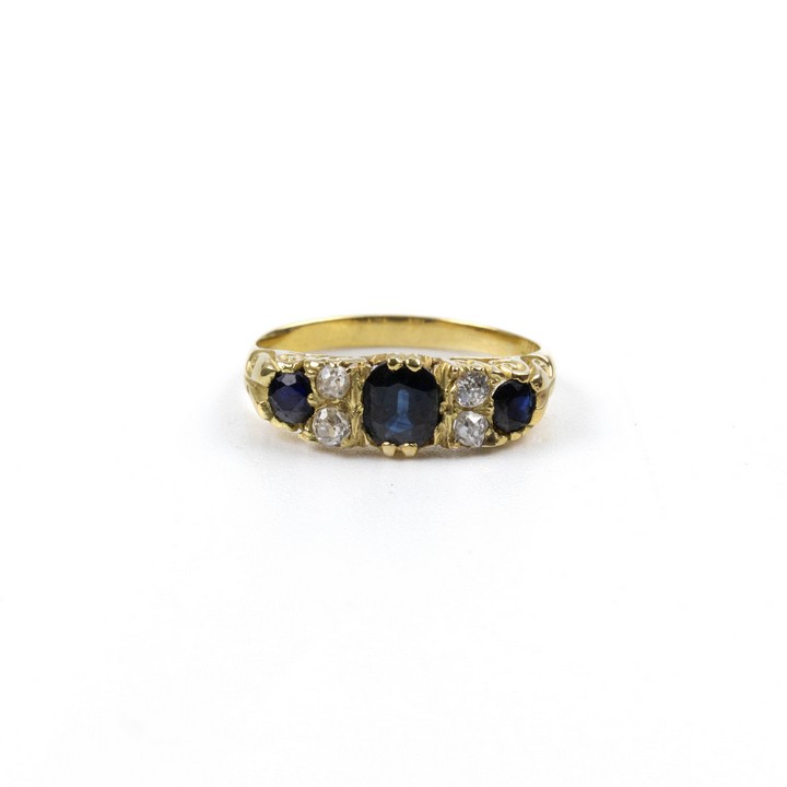 18K Yellow 0.12ct Diamond and Sapphire Three Stone Ring, Size N½, 3.7g.  Auction Guide: £300-£400 (VAT Only Payable on Buyers Premium)