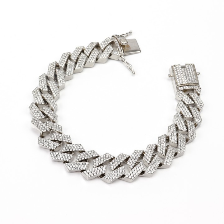 Silver Clear Stone Pavé Square Curb Bracelet, 23cm, 78g (VAT Only Payable on Buyers Premium)