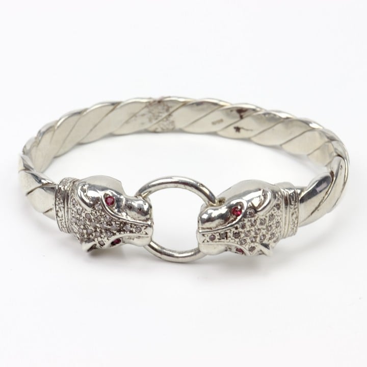 Silver Clear Stone Pavé Double Panther Head Twist Clip Bangle, 19cm, 65.4g (VAT Only Payable on Buyers Premium)