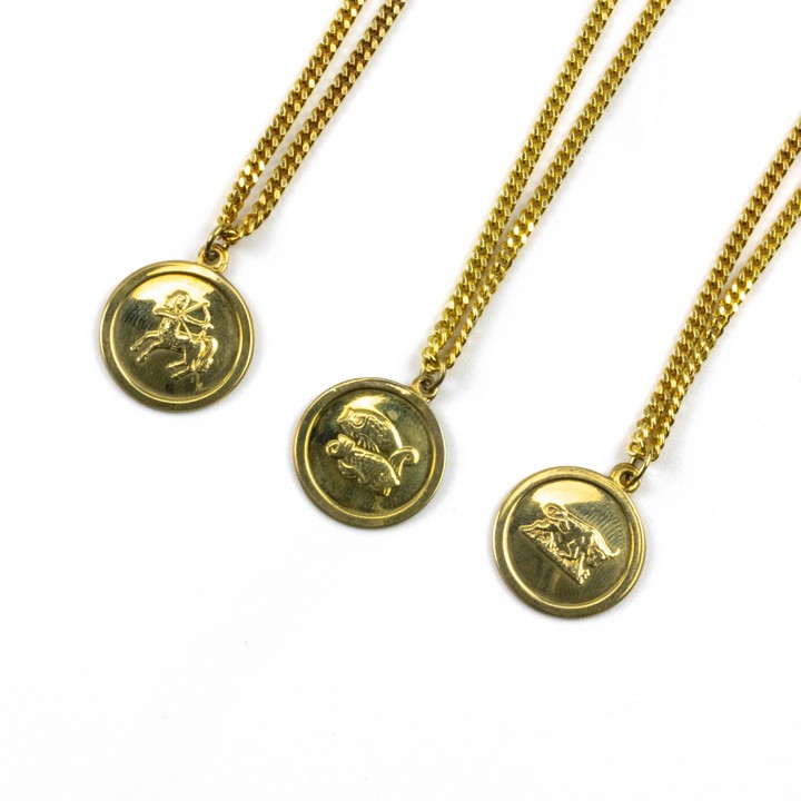 Silver Gold Plated Selection of Three Zodiac Pendant and Chains, 65cm, 38.8g (VAT Only Payable on Buyers Premium)