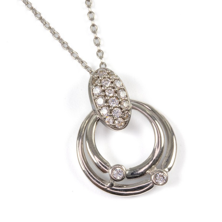 Silver Clear Stone Pavé Bale Double Circle with Clear Stones Pendant, 2cm and Chain, 45cm, 2.5g