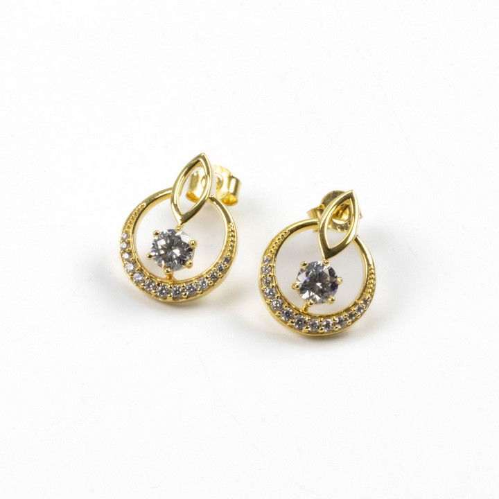 Silver Yellow Gold Plated Clear Round Faceted Stone with Clear Stone Half Halo Circle Earrings, 2cm, 3.6g