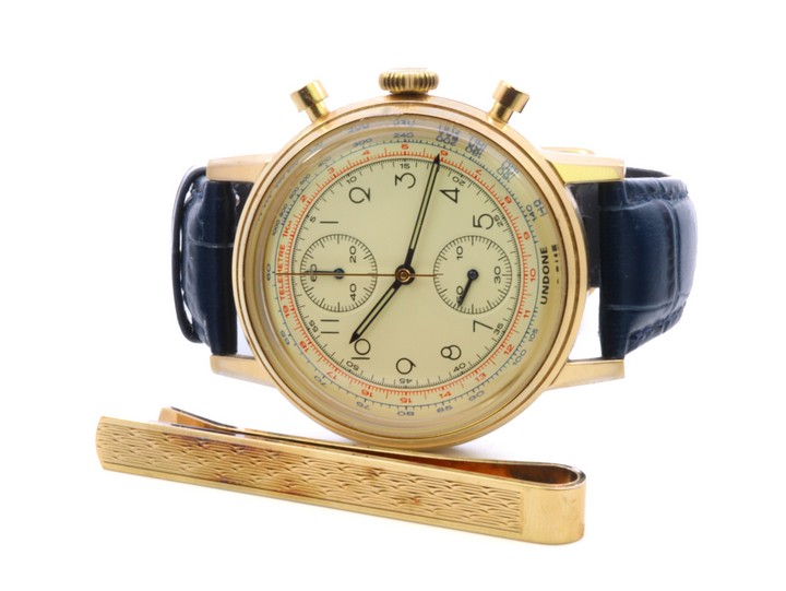 Undone Stainless Steel Yellow Case with Yellow Dial and Blue Leather Strap (Worn) Watch. Silver Gold Plated Tie Pin, 5.5x0.6cm, 8g (VAT Only Payable on Buyers Premium)