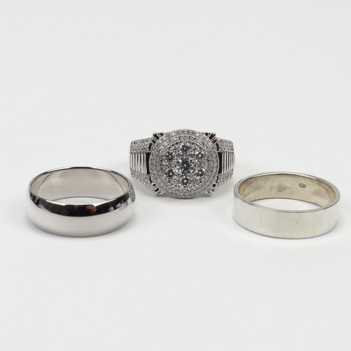 Silver Clear Stone Pavé Ring and Two Plain Band Rings, Size Z, total weight 26.4g (VAT Only Payable on Buyers Premium)