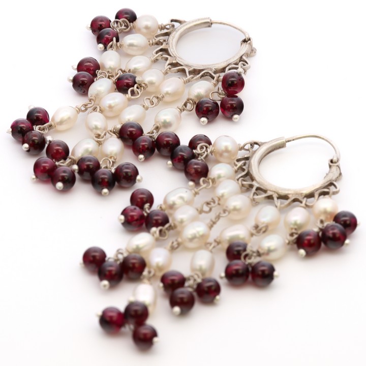Silver Natural Garnet and Pearl Hoop Multi Drop Earrings, 6cm, 13.2g (VAT Only Payable on Buyers Premium)