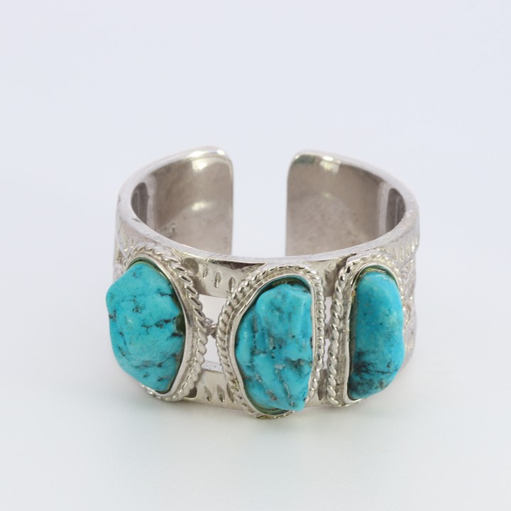 Silver Natural Turquoise Three Stone Adjustable Size Ring, 9.9g (VAT Only Payable on Buyers Premium)