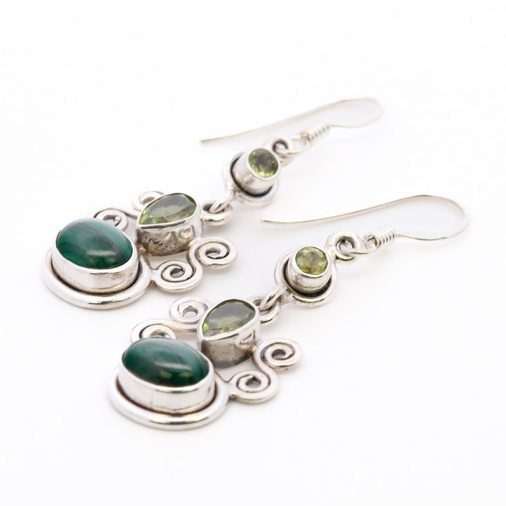 Silver Peridot and Malachite Drop Earrings, 4.2x1.5cm, 5.8g (VAT Only Payable on Buyers Premium)
