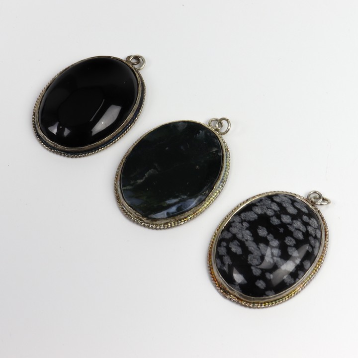 Silver Flower Obsidian, Green Moss Agate and Black Onyx Cabochon Oval-cut Pendants, 40x30mm, 49.7g