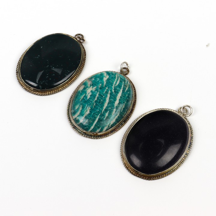 Silver Blood Stone, Blue Gold Stone and Amazonite Cabochon Oval-cut Pendants, 40x30mm, 54.8g