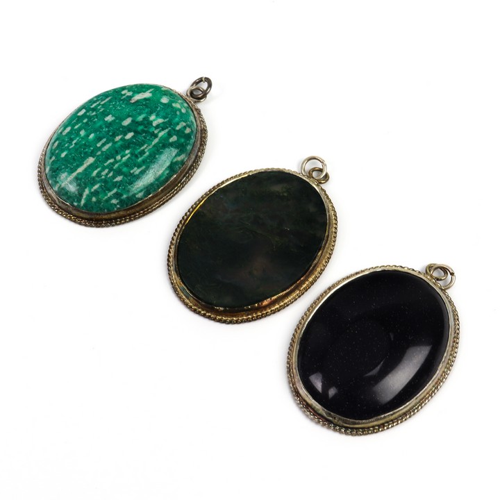 Silver Amazonite, Blue Gold Stone and Green Moss Agate Cabochon Oval-cut Pendants, 40x30mm, 51.3g