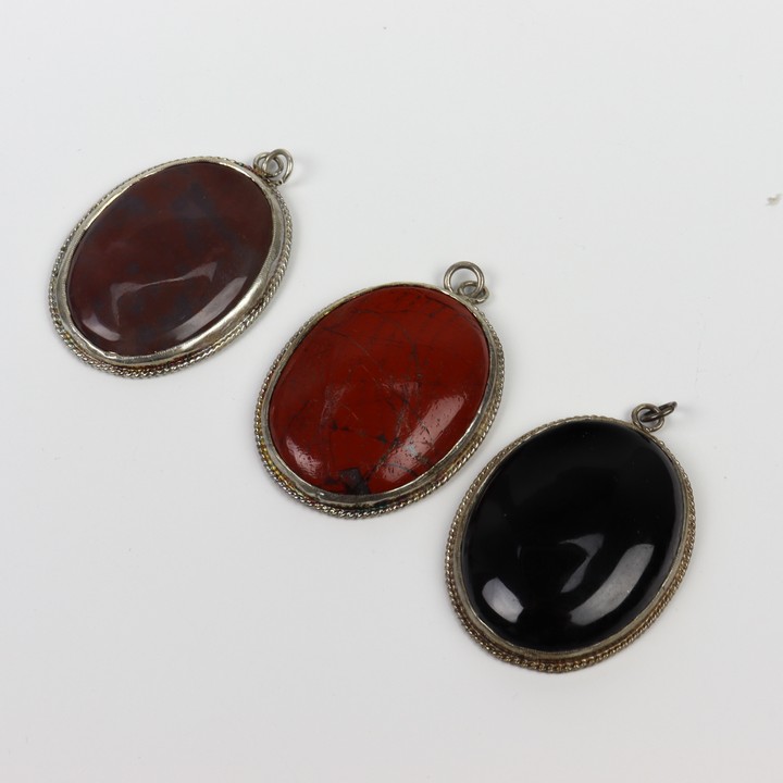 Silver Brown Moss Agate, Black Onyx and Red Jasper Cabochon Oval-cut Pendants, 40x30mm, 53.4g