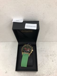 GAMAGES WATCH WITH GREEN FACE, GOLD DIAL AND GREEN FABRIC STRAP