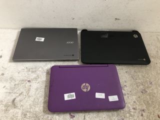 1X HP LAPTOP IN PURPLE 1X ACER LAPTOP IN SILVER, 1X HP CHROME LAPTOP IN BLACK (SPARES AND REPAIRS HDD/SSD REMOVED)